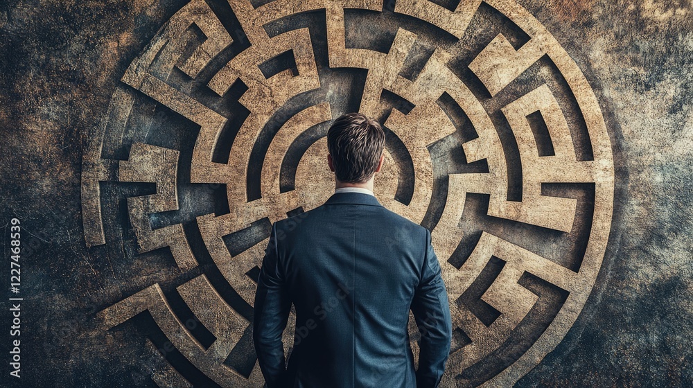 Poster A businessman in front of a circular maze, symbolizing the complexity of business decisions, as he prepares to tackle the next challenge ahead
