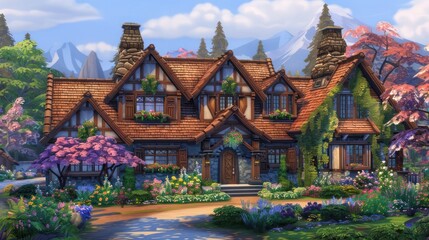 Naklejka premium Charming cottage surrounded by vibrant flowers and mountains, showcasing idyllic nature