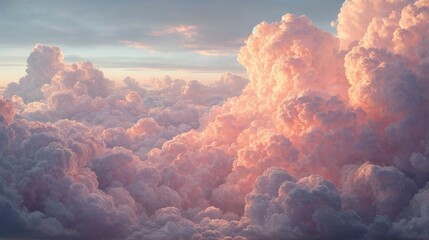 Fluffy pink and orange clouds stretching across a vast blue-gray sky, resembling a magical and surreal cotton candy landscape.