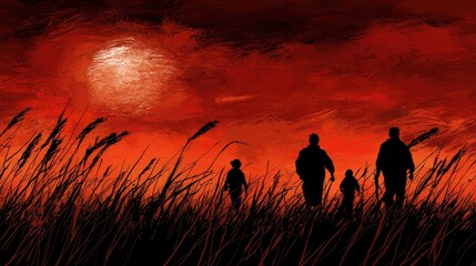 Family silhouetted at sunset, walking through tall grass. Use Book cover, film poster
