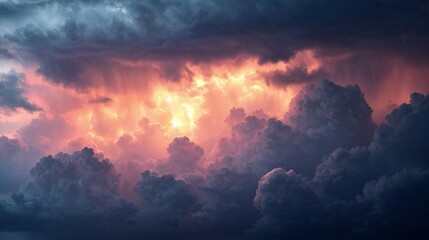 Moody rain-washed sky with dark blue-gray clouds breaking apart, revealing a breathtaking blend of pink, peach, and golden sunlight.
