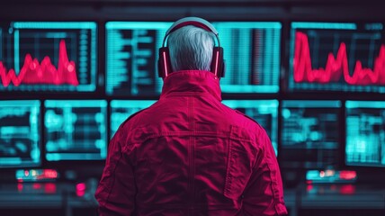 Fototapeta premium A corporate leader in a neon-accented AI-driven workspace, surrounded by glowing holographic screens displaying stock trends. , closes up