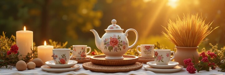 Fototapeta premium Vintage floral tea set on rustic outdoor table at sunset
