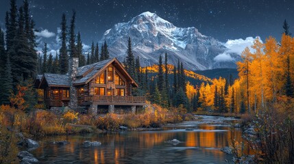 Mountain cabin autumn night river reflection