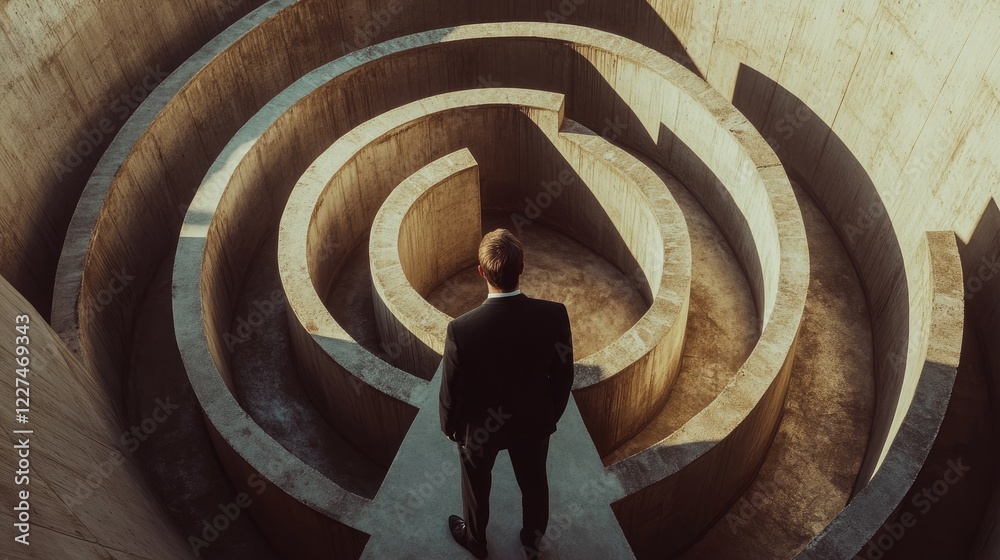 Poster A businessman standing thoughtfully before a circular maze, contemplating his next move, symbolizing decision-making and complex business challenges