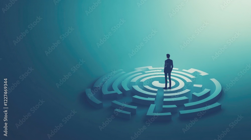 Poster A businessman standing thoughtfully before a circular maze, contemplating his next move, symbolizing decision-making and complex business challenges