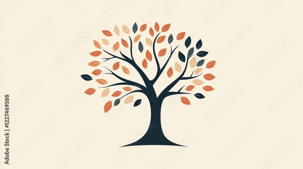 Poster stylized tree icon featuring branches adorned with orange and green leaves set against a minimalist 