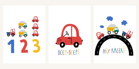 Cute baby boy posters with cars. Scandinavian style. Adorable childish transport. Vector set with automobile for fabric, textile, postcard, apparel, wall art, kids room design