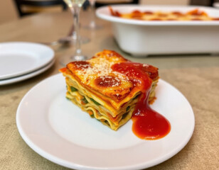 Vista de cerca de un plato de lasa&ntilde;a
