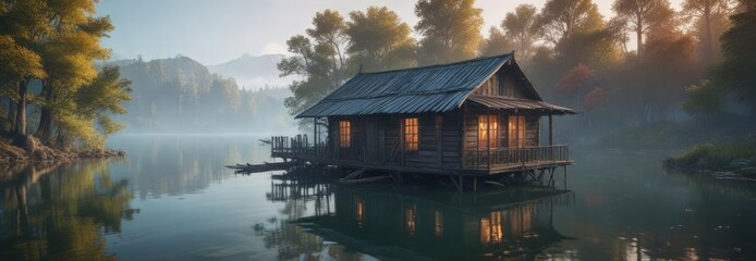 Fototapeta premium Old wooden house partially submerged in the lake's murky waters, serene, nature, lakehouse