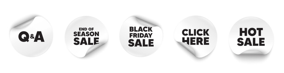 Questions answers sticker tag. Season sale, Black friday paper price banners. Questions and answers icon. Answer question sign. Faq symbol. Click here sticker. Vector