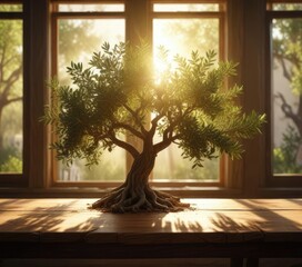 Obraz premium Olive tree on a wooden table with sunlight streaming through windows and casting a warm glow, potted plant, window light, natural ambiance