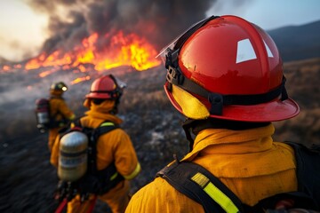 Fototapeta premium A team of firefighters working together to control a blaze, highlighting a critical moment of teamwork and urgency