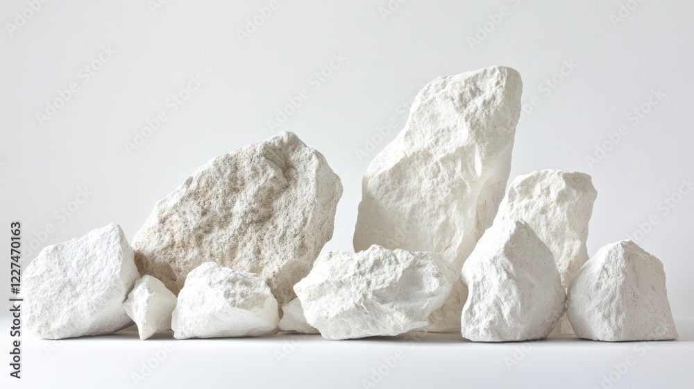 Poster a carefully arranged group of natural chalk rocks in varying sizes and textures, set against a crisp