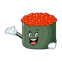 vector cartoon, character, and mascot of an ikura sushi with welcome pose.