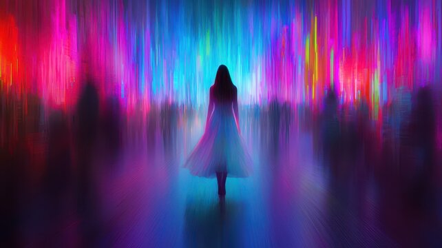 A businesswoman in a flowing holographic dress, walking confidently through a bustling digital cityscape, neon art style. , closes up - Powered by Adobe