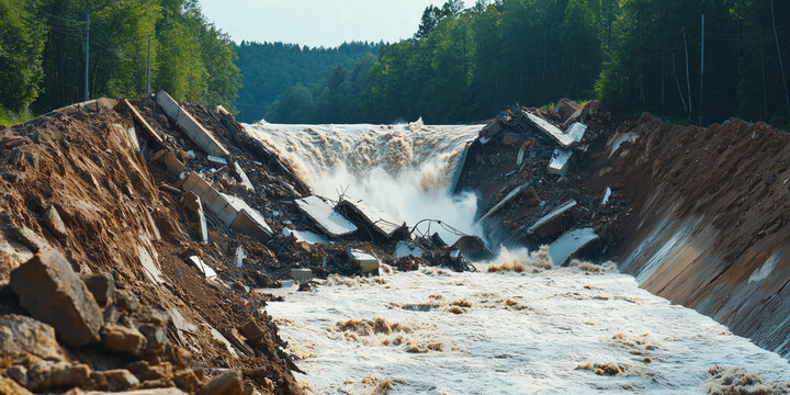 collapsed dam with water rushing through broken structure, surrounded by debris and forested hills