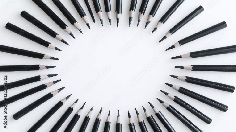 Poster a clean, artistic shot of black pencils arranged into a geometric radial pattern on a white backgrou