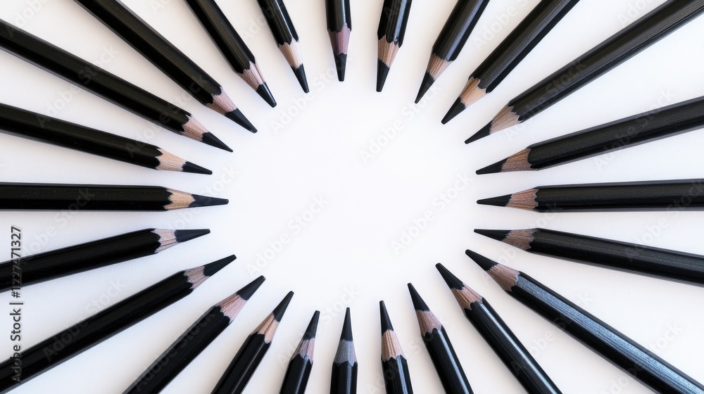 Poster a clean, artistic shot of black pencils arranged into a geometric radial pattern on a white backgrou