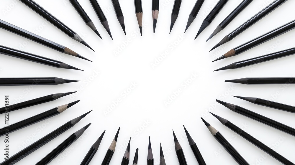 Poster a clean, artistic shot of black pencils arranged into a geometric radial pattern on a white backgrou