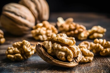 Fototapeta premium Cracked walnut revealing detailed kernel texture