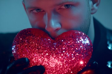 Commercial idea. Youth valentine's day greeting card: young man with begging eyes face holds red heart in hands. Sign of love and affection. Romantic couple hugging. Youth in love.