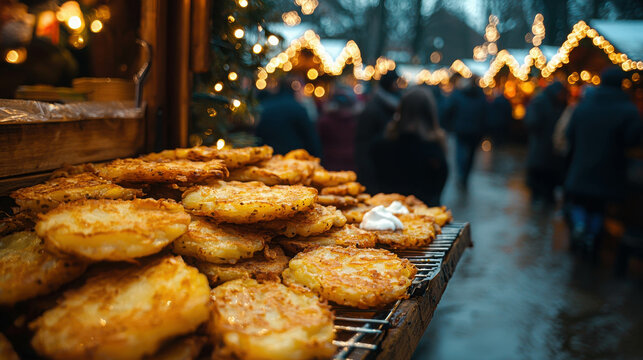 Cozy Bavarian Christmas Market with Golden Fried Potato Cakes and Festive Lights