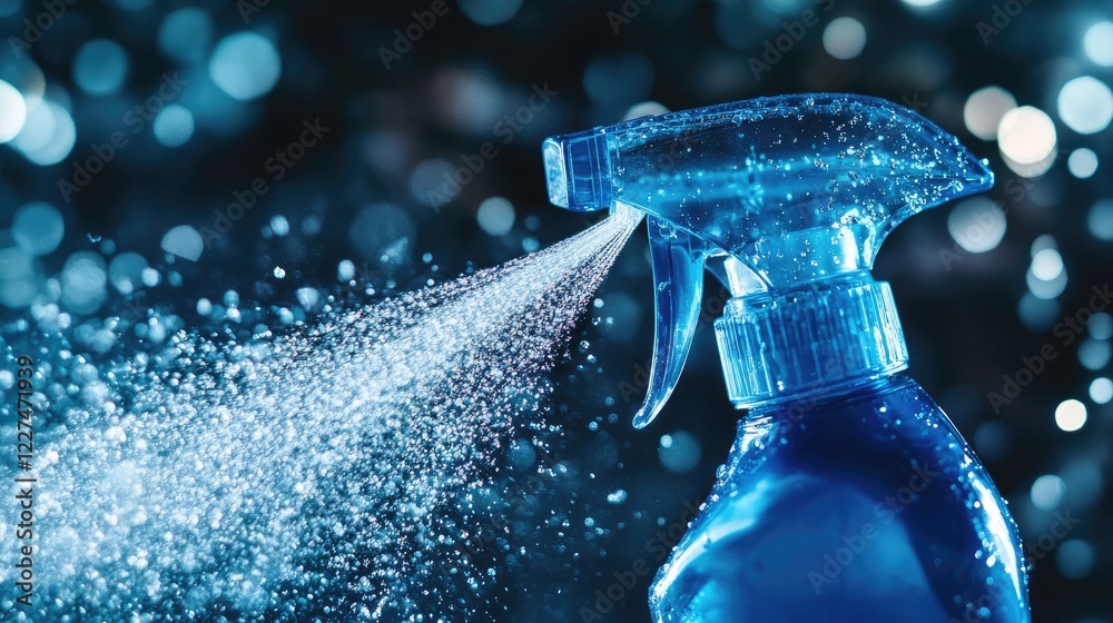Poster A close-up of a blue spray bottle in motion, with water splashes dynamically captured, highlighting its practical use in cleaning and refreshing spaces