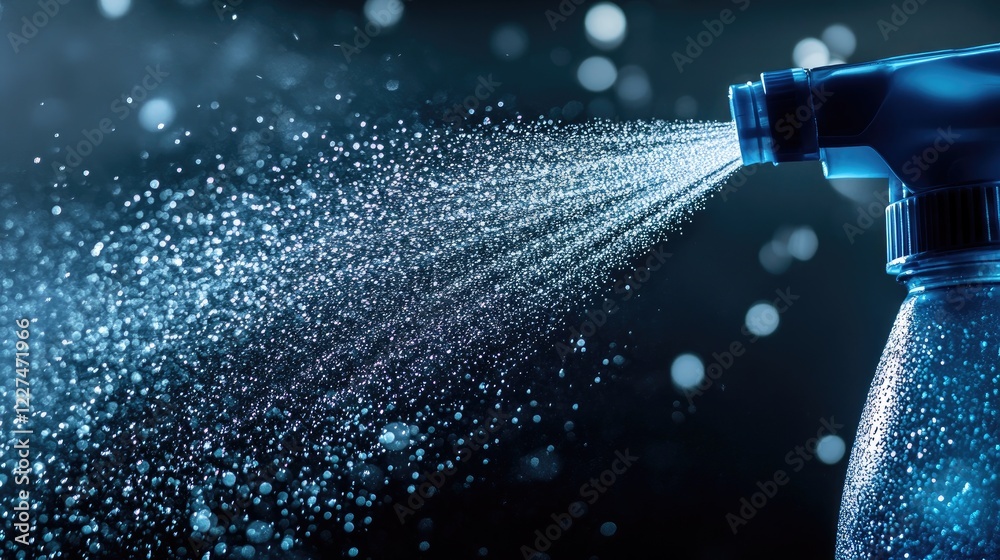 Fototapete A close-up of a blue spray bottle in motion, with water splashes dynamically captured, highlighting its practical use in cleaning and refreshing spaces