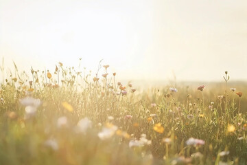 Fototapeta premium Serene meadow filled with colorful wildflowers under a bright sun with a soft, dreamy background