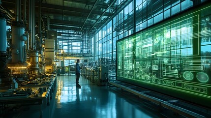 Fototapeta premium Futuristic Green Technology Lab with Holographic Data Projections