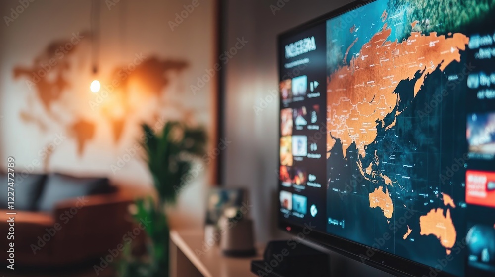 Aufkleber a close-up of a modern tv displaying streaming services, with a soft-focus world map in the backgrou