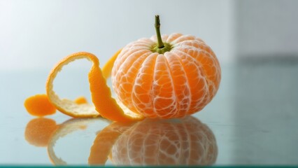 Bright orange mandarin with peel resting on glass surface in soft lighting