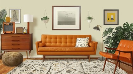 Cozy living room featuring an orange sofa, vintage decor, and indoor plants, creating a warm atmosphere