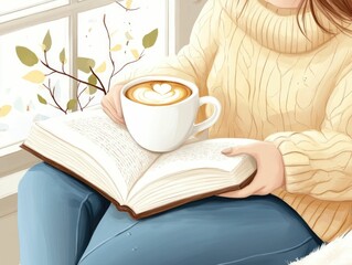 A person sitting comfortably by the window reading a book and enjoying a cup of coffee in a cozy peaceful ambiance  This flat design captures the essence of a leisurely