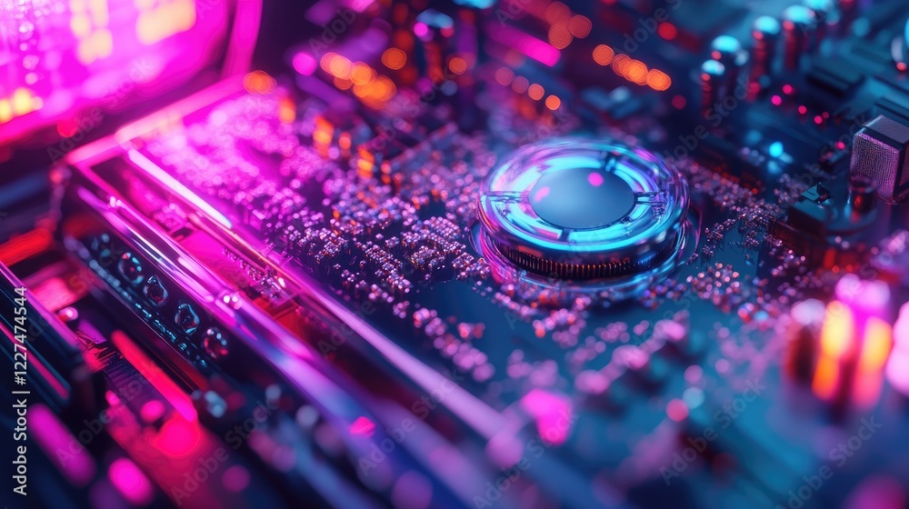 Poster a close-up of an rgb-lit cooling system in a custom pc, highlighting vibrant neon colors and high-pe