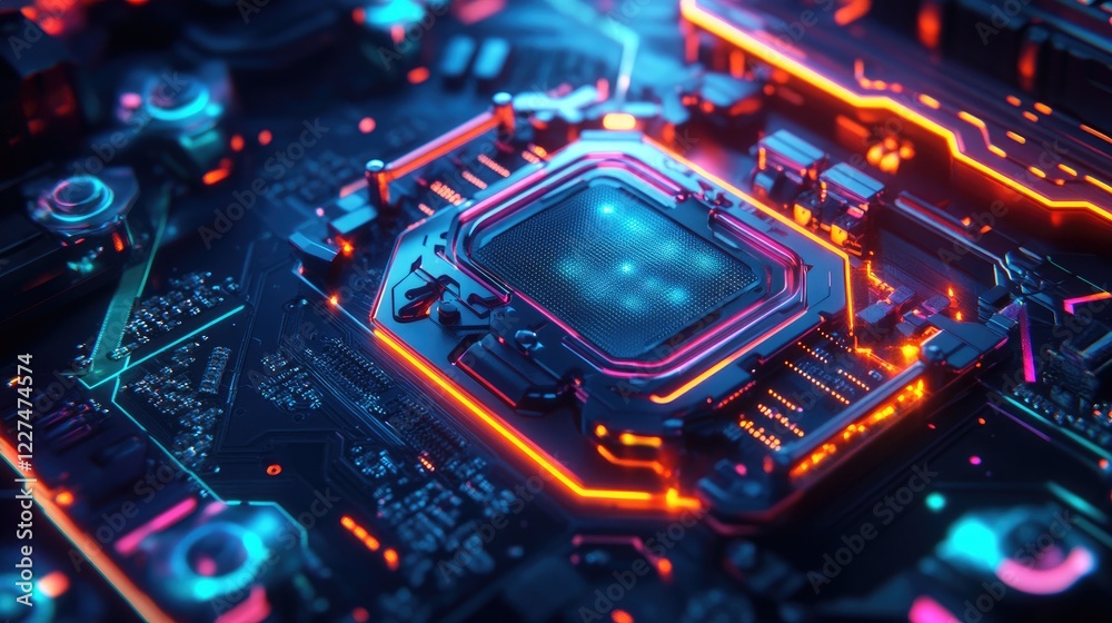 Poster a close-up of an rgb-lit cooling system in a custom pc, highlighting vibrant neon colors and high-pe