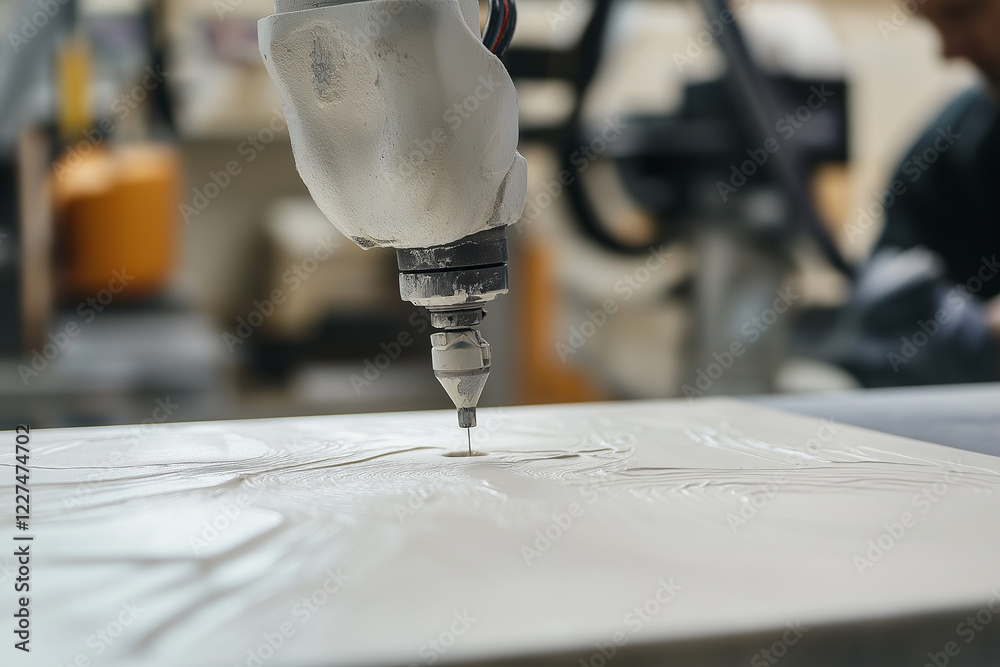 Aufkleber robotic arm carving intricate patterns on ceramic tile in workshop setting