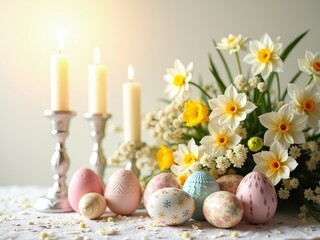 Spring celebration featuring decorated eggs, candles, and vibrant flowers arranged on a table in a softly lit setting