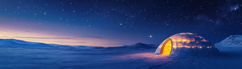 Fototapeta premium A stunning igloo illuminated under a starry night sky in a snowy landscape.