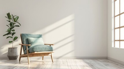 Cozy armchair in a sunlit minimalist room with indoor plant and wooden flooring