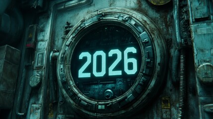 Futuristic Countdown Timer Showing 2026, Sci-Fi Industrial Design With Glowing Lights