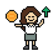 Obraz premium Cartoon cute pixel 8bit character business woman office save money investment for decoration business 8 bit female lady coin save money businesswoman character game 8 bit png vector.