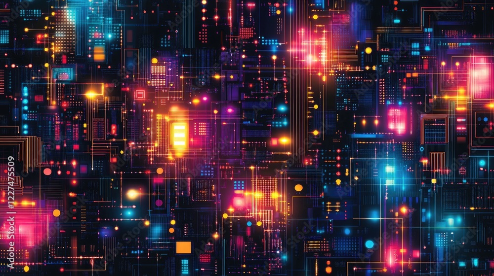 Poster A close-up of computer monitor pixels in various RGB hues, creating a vibrant, glowing digital pattern, showcasing the intricacy and brilliance of modern display technology