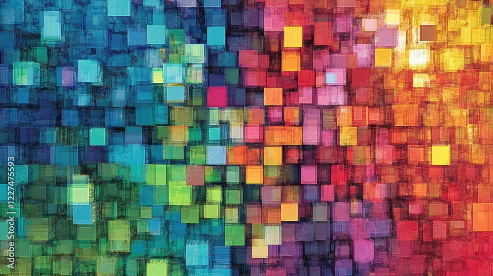 Poster A close-up of computer monitor pixels in various RGB hues, creating a vibrant, glowing digital pattern, showcasing the intricacy and brilliance of modern display technology