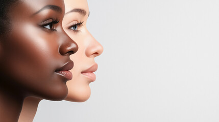 Side profile of two women, one with dark skin and one with light skin, symbolizing diversity, beauty, and unity.