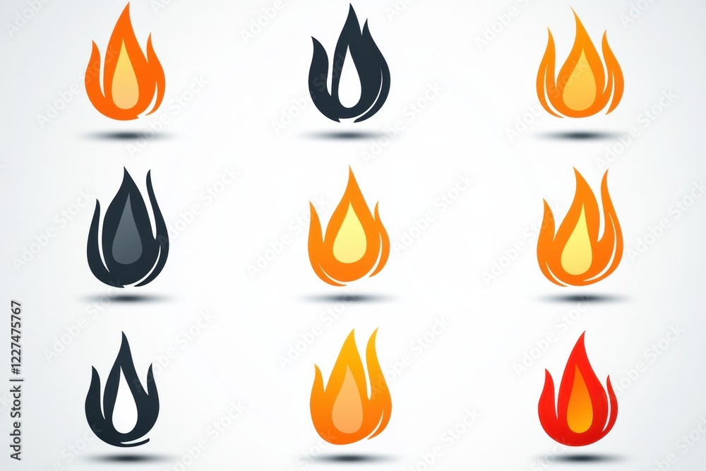 Poster collection of colorful flame icons in various styles and colors featuring shades of orange, red, and