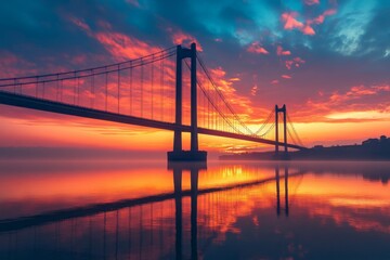 Obraz premium Golden sunset over a suspension bridge reflected in calm water