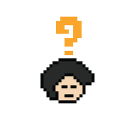 Obraz premium Cute pixel cartoon character man with question mark decoration 8 bit male boy confused idea question mark quiz questionnaire choose cartoon pixel game 8bit png vector.