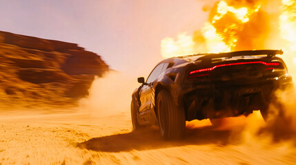 An off-road car speeding through a desert landscape with dust and flames, capturing an adrenaline-filled action moment.